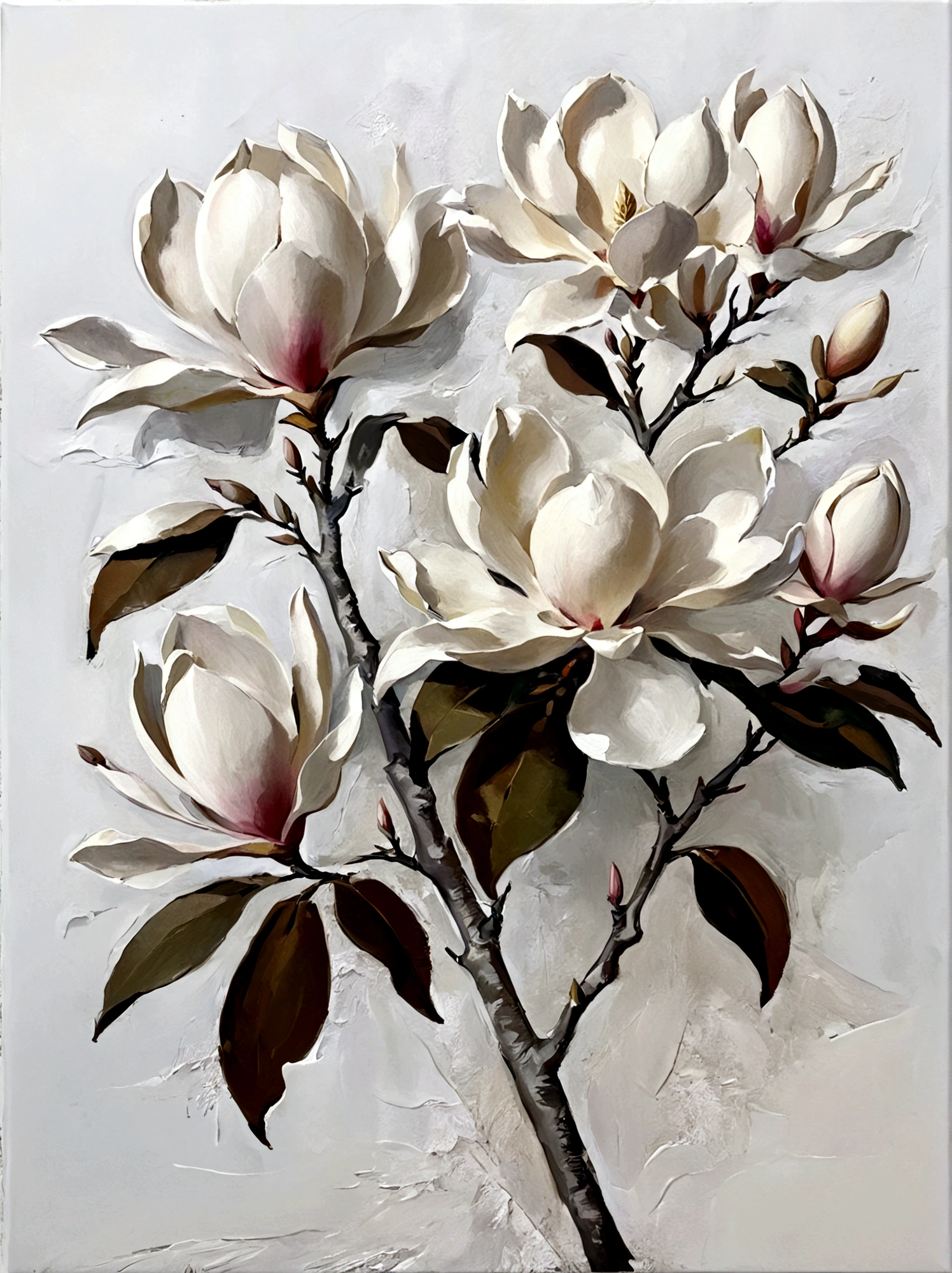 Magnolia flowers,color,Perfect proportion,vanilla,bright,White background,real,emotion,Thick textured paint,
