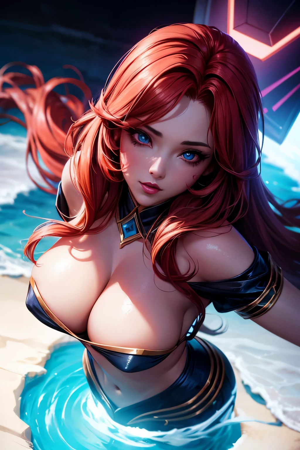 1 woman, Miss Fortune, from above, makeup, Surrealism, depth of field, cinematic lighting, UHD, masterpiece, anatomically correct, textured skin, 2d background