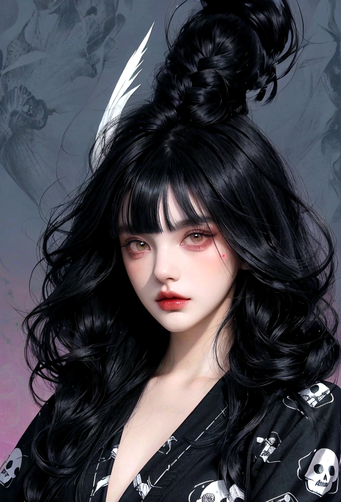 Black Hair、Black Feather、Gothic punk dress、Legs sticking out, Crossing your legs、anime zombie witch design, Crossbones, Streetwear Design, Provector, Horror Style, Full Design, Only 6 colors, Solid Colors, No Shadow, Full Design, Stickers, Bright colors, White Background.Ultra-fine illustrations,(((Beautiful fine hair))),(((Beautiful Faces))),(((Beautiful background))),(((Beautiful fine hair))),(((Beautiful Faces))),(((Beautiful background)))、Black Hair、Blunt bangs,Undershot,yukata,Tanabata,River side
