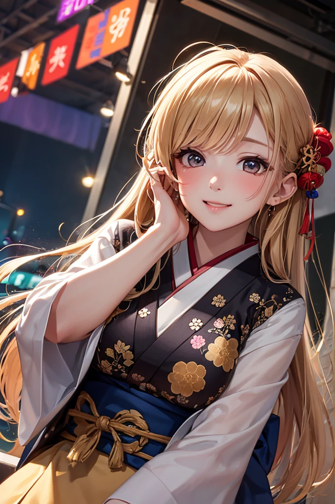 (Best Quality,High resolution,8K,finelity detailed background,Masterpiece:1.2),beautiful girl,Shiny khaki hair,messy hair,Khaki Eyes,Gentle look,A refreshing look,Best quality,Best Quality,Aesthetic and aesthetic:1.2,Best details((Super detailed))(High-definition CG illustrations),cute浴衣,Slender body,sunset,Japanese Festivals,fan,Nightclub,open air,smile,blush,cute,Scrounge,Looking up,Being spoiled,super model,shoot from below