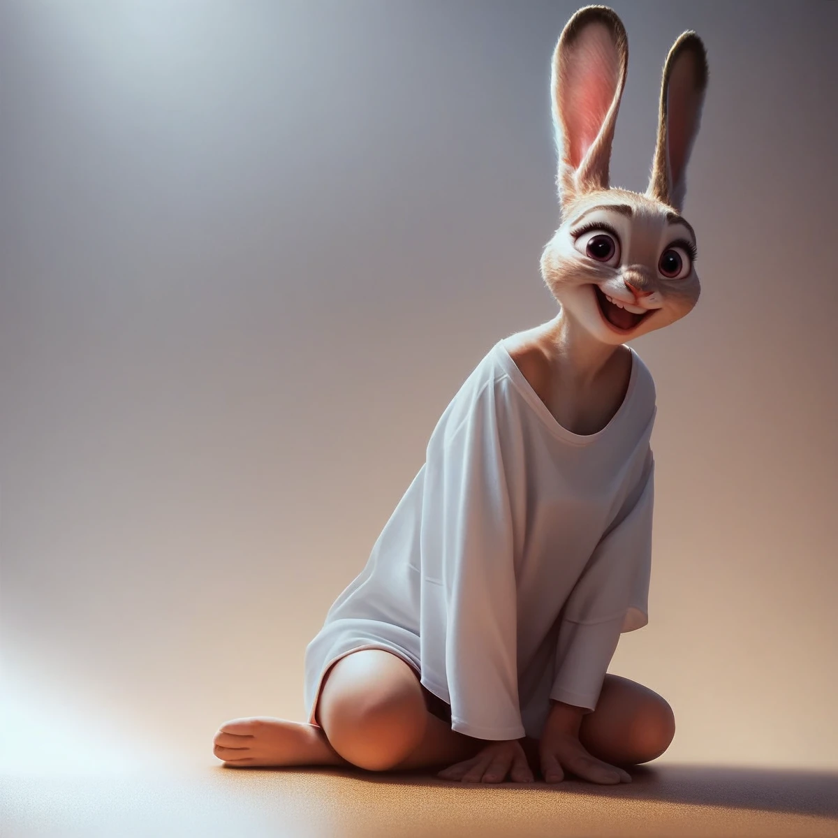 a beautiful girl with animal ears sitting on the floor, loose shirt exposing shoulder, Happy expression, intricate details, ultra-detailed, photorealistic, 8k, highres, best quality, masterpiece, cinematic lighting, vibrant colors, fantasy art