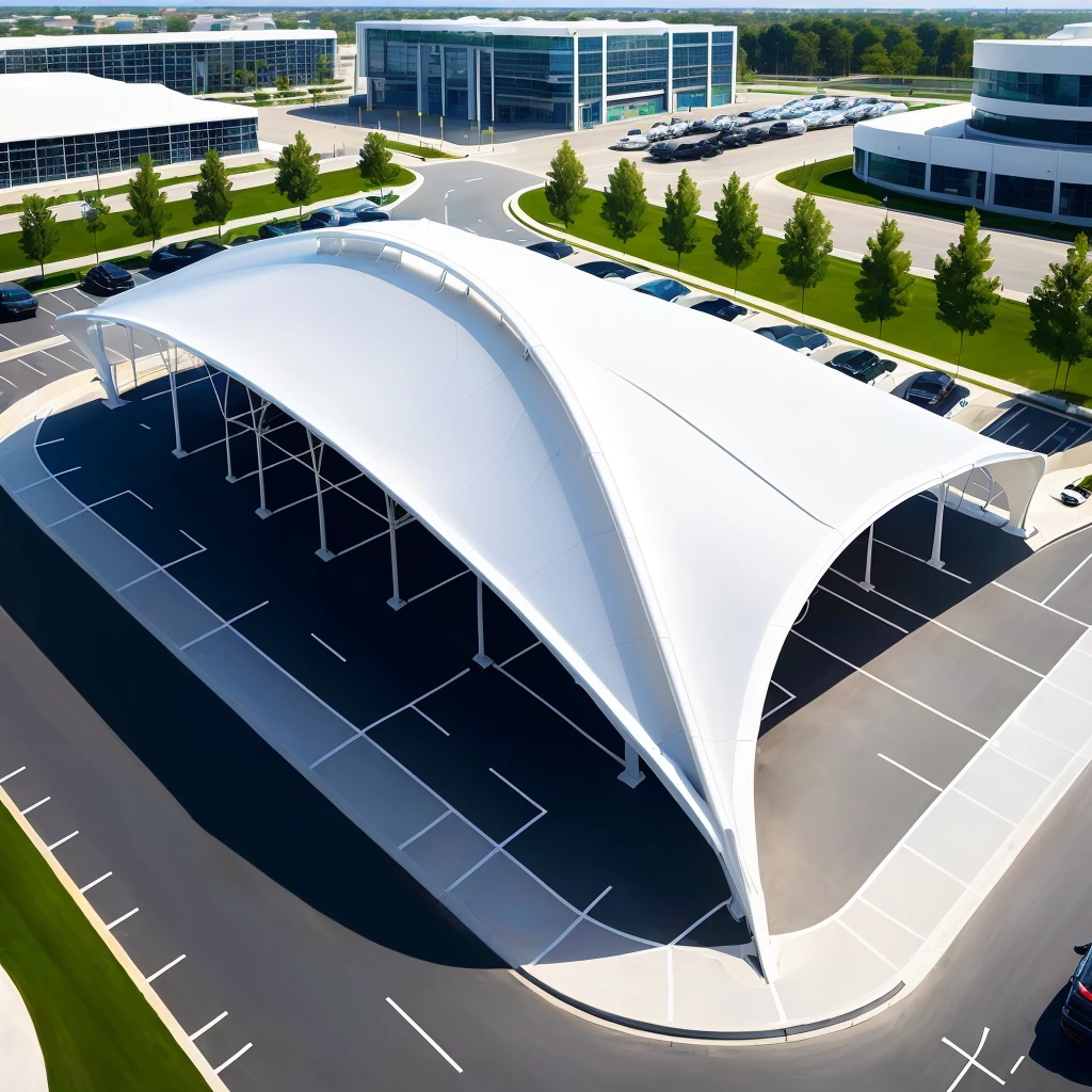 Awnings over parking lot，The parking lot is full of cars, tent architecture, canopee, circular roof, in style of zaha hadid architect, Futuristic structure, Clarity、Smooth、Clean lines, Wide and high angle views, Canopies, In the shade, Zaha Hadid style architecture, star roof, antenna, Ultra HD, Extremely detailed front angle, Amazing high technology