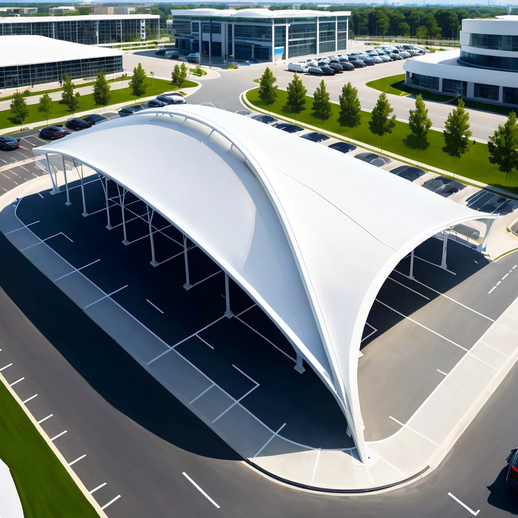 Awnings over parking lot,The parking lot is full of cars, tent architecture, canopee, circular roof, in style of zaha hadid architect, Futuristic structure, Clarity、Smooth、Clean lines, Wide and high angle views, Canopies, In the shade, Zaha Hadid style architecture, star roof, antenna, Ultra HD, Extremely detailed front angle, Amazing high technology
