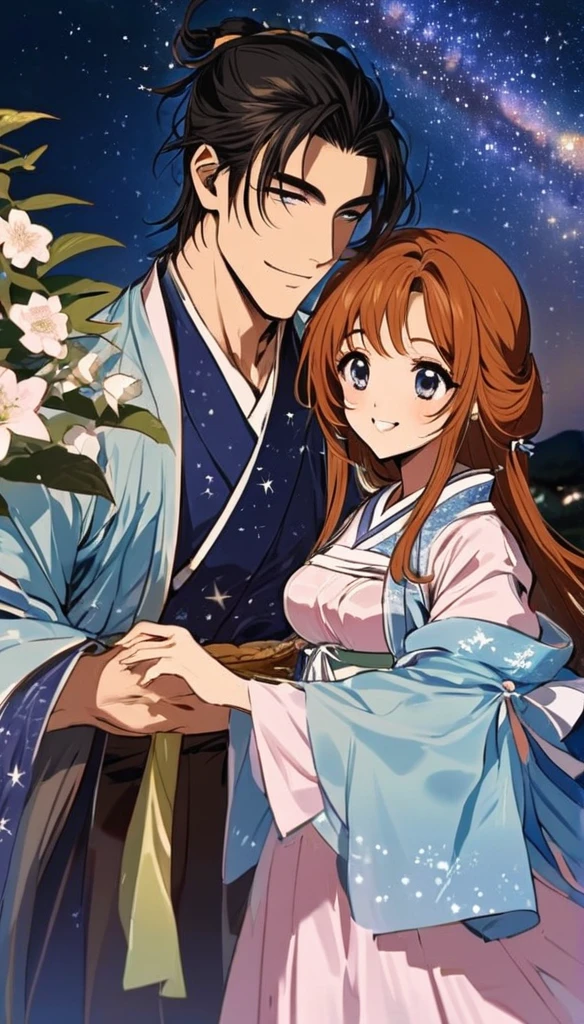 Masterpiece,Masterpiece, best quality,1boy,1girl, Orihime (Hanfu,medium breasts,cutesmile,cuteHanfu,extreme beauty, cute),Hikoboshi(Hanfu,handsome, cool), Tanabata, background Milky Way, star-filled sky. shining stars, twinkling stars, summer triangle (Orihime star, Hikoboshi, star Choboshi) Bright stars, beautiful stars, starry sky, spectacular scenery} Orihime andHikoboshi face eachother and are happyto be reunited.Orihime and Hikoboshi are in the Milky Way