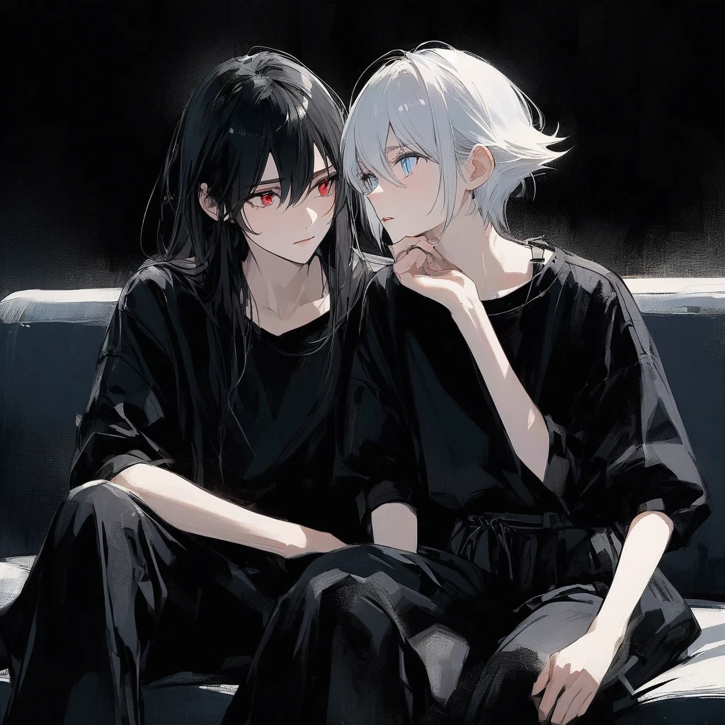 An anime-style image featuring two characters sitting closely together. The character on the left has spiky white hair, light blue eyes, and wears a black shirt. He is resting his chin on his hand while looking at the other character. The character on the right has long black hair, red eyes, and is dressed in a black outfit with a thin strap. She has a calm expression, and both of them are sitting on a couch in what seems to be an intimate setting.