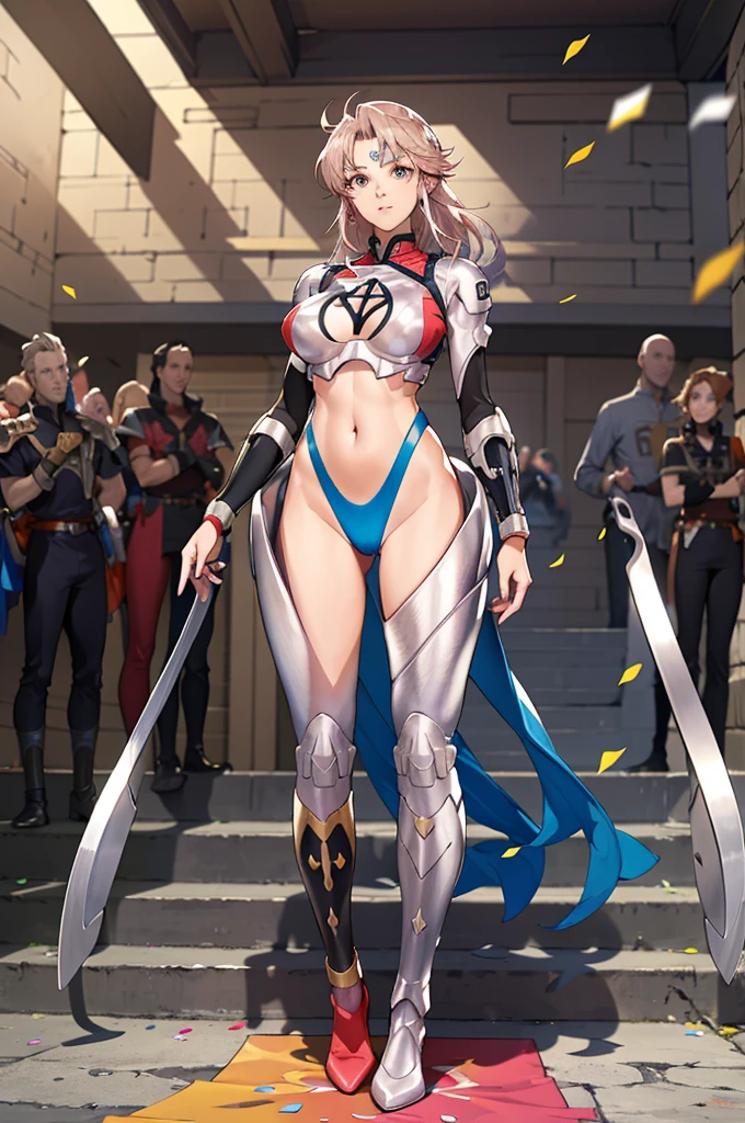 best quality, official art, masterpiece, textile shading, HDR, very detailed, colorful, best details, fantasy, battle suit, Yuki Mori:1.5, 1 female, 25 years old, best quality, official art, masterpiece, textile shading, HDR, very detailed, colorful, best details, fantasy, battle suit,1 female, 25 years old, standing on stairs, a castle town with an old castle view, sunny, random hair, big breast, skinny, Surrounded by a large crowd:1.9, Confetti flutters, Blessed, Being welcomed:1.5, cameltoe:1.3, ground level shot:,