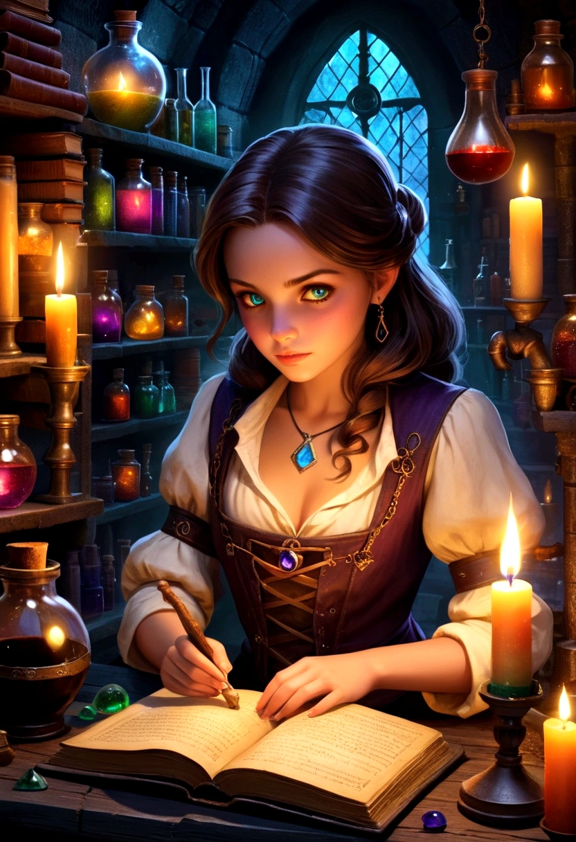 A girl in a dungeon Alchemist's laboratory, creating potions and performing magic experiments, surrounded by ancient books and mysterious symbols, with dimly lit candles casting flickering shadows on the stone walls. The girl has beautiful detailed eyes and lips, highlighting her focus and dedication to her craft. The laboratory is filled with a variety of magical ingredients, such as colorful vials, bubbling cauldrons, and sparkling crystals. The atmosphere is filled with an air of mystery and enchantment, as the girl carefully combines different potions to create powerful elixirs. The dungeon Alchemist's laboratory is depicted in a realistic and photorealistic style, with ultra-detailed textures and vibrant colors. The lighting is dim, accentuating the magical glow of the potions and creating an intriguing and captivating atmosphere.
