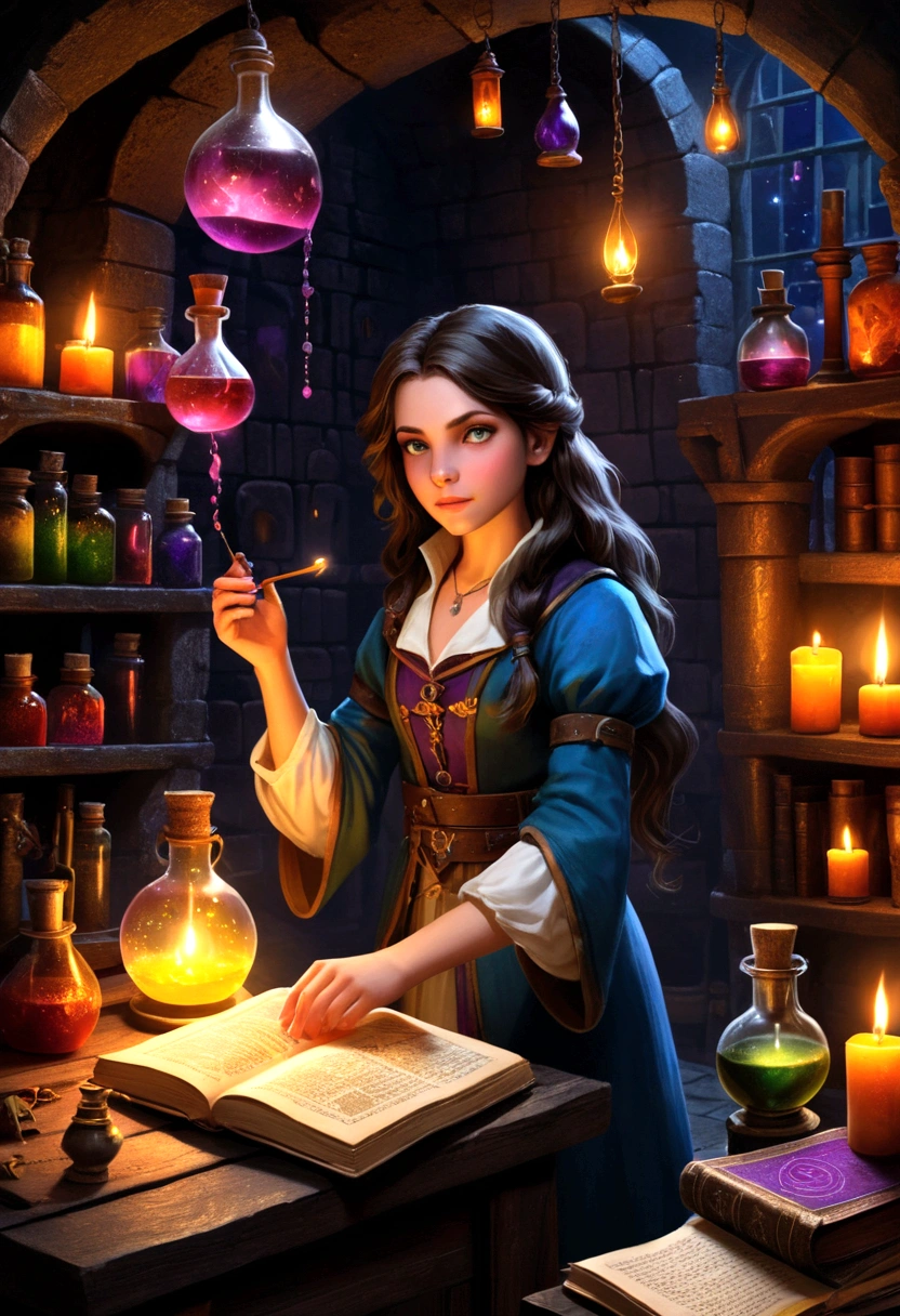 A girl in a dungeon Alchemist's laboratory, creating potions and performing magic experiments, surrounded by ancient books and mysterious symbols, with dimly lit candles casting flickering shadows on the stone walls. The girl has beautiful detailed eyes and lips, highlighting her focus and dedication to her craft. The laboratory is filled with a variety of magical ingredients, such as colorful vials, bubbling cauldrons, and sparkling crystals. The atmosphere is filled with an air of mystery and enchantment, as the girl carefully combines different potions to create powerful elixirs. The dungeon Alchemist's laboratory is depicted in a realistic and photorealistic style, with ultra-detailed textures and vibrant colors. The lighting is dim, accentuating the magical glow of the potions and creating an intriguing and captivating atmosphere.