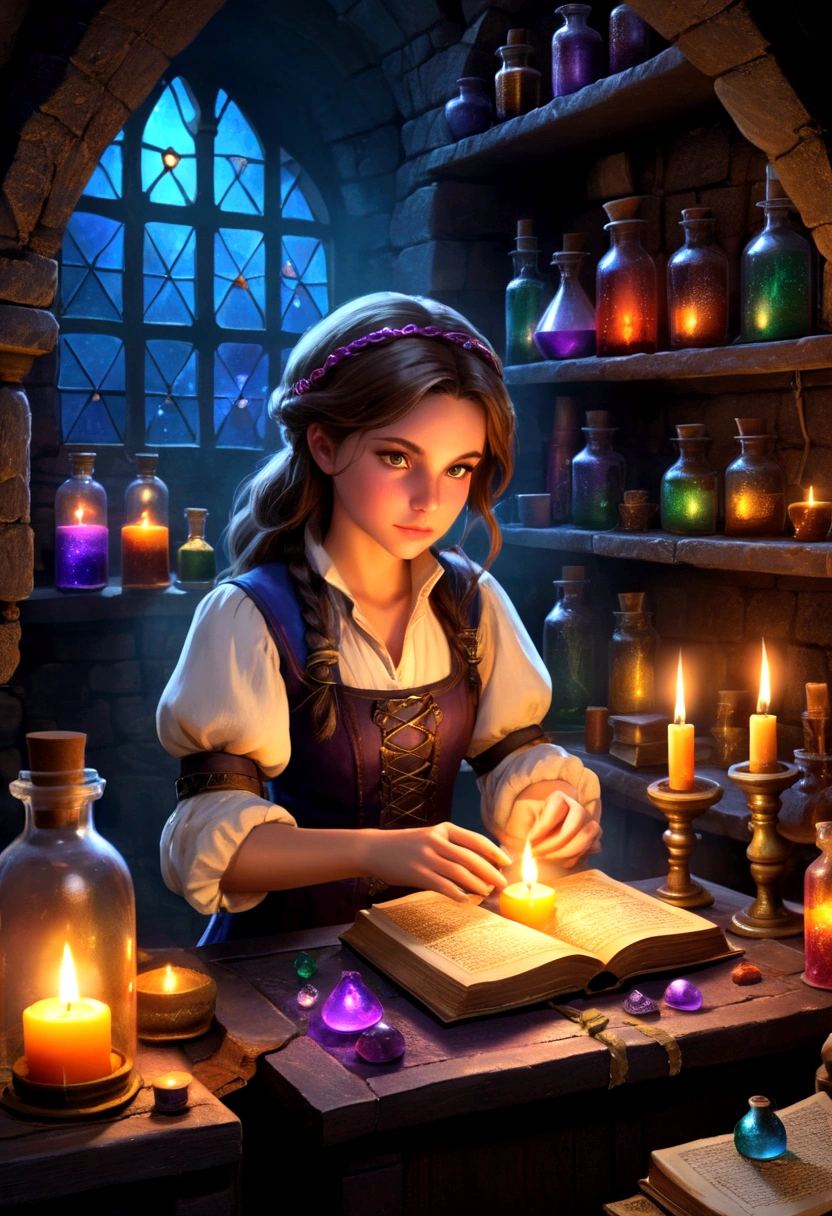 A girl in a dungeon Alchemist's laboratory, creating potions and performing magic experiments, surrounded by ancient books and mysterious symbols, with dimly lit candles casting flickering shadows on the stone walls. The girl has beautiful detailed eyes and lips, highlighting her focus and dedication to her craft. The laboratory is filled with a variety of magical ingredients, such as colorful vials, bubbling cauldrons, and sparkling crystals. The atmosphere is filled with an air of mystery and enchantment, as the girl carefully combines different potions to create powerful elixirs. The dungeon Alchemist's laboratory is depicted in a realistic and photorealistic style, with ultra-detailed textures and vibrant colors. The lighting is dim, accentuating the magical glow of the potions and creating an intriguing and captivating atmosphere.