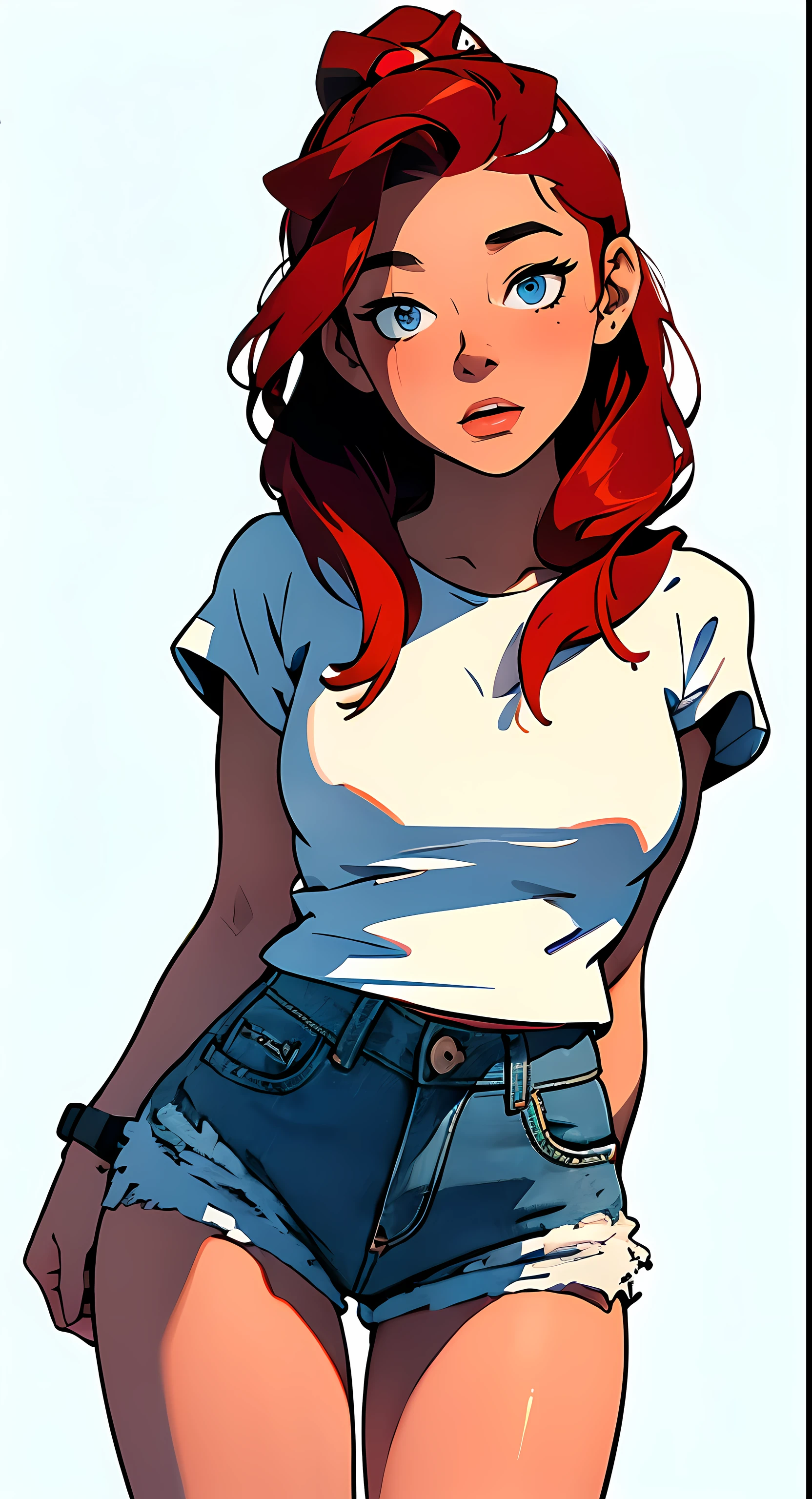 Fmasterpiece, best quality, full body,1girl,the highest image quality, 21-year-old woman, looks like Olivia Dunne, bright red hair, blue eyes, wearing a white graphic tee and denim shorts, large breasts, White background, empty background whole body , standing normally, shocked expression on her face, mouth open, eyes wide