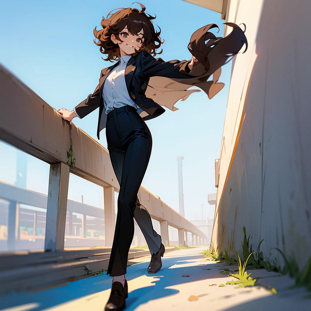 White shirt, black jacket, black pants, curly hair, short hair, brown hair, blue sky, smiling, walking
