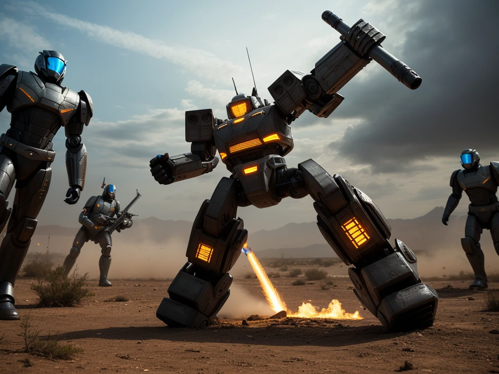 A futuristic battle scene: A squadron of sleek, high-tech infantry, clad in advanced armor and wielding cutting-edge weaponry, converges on a massive robot, its metallic body cracked and smoldering from previous attacks. The ground shakes as the soldiers deploy their unique abilities to disable the beast's defenses, while spotlights cast an eerie glow on the dusty terrain.