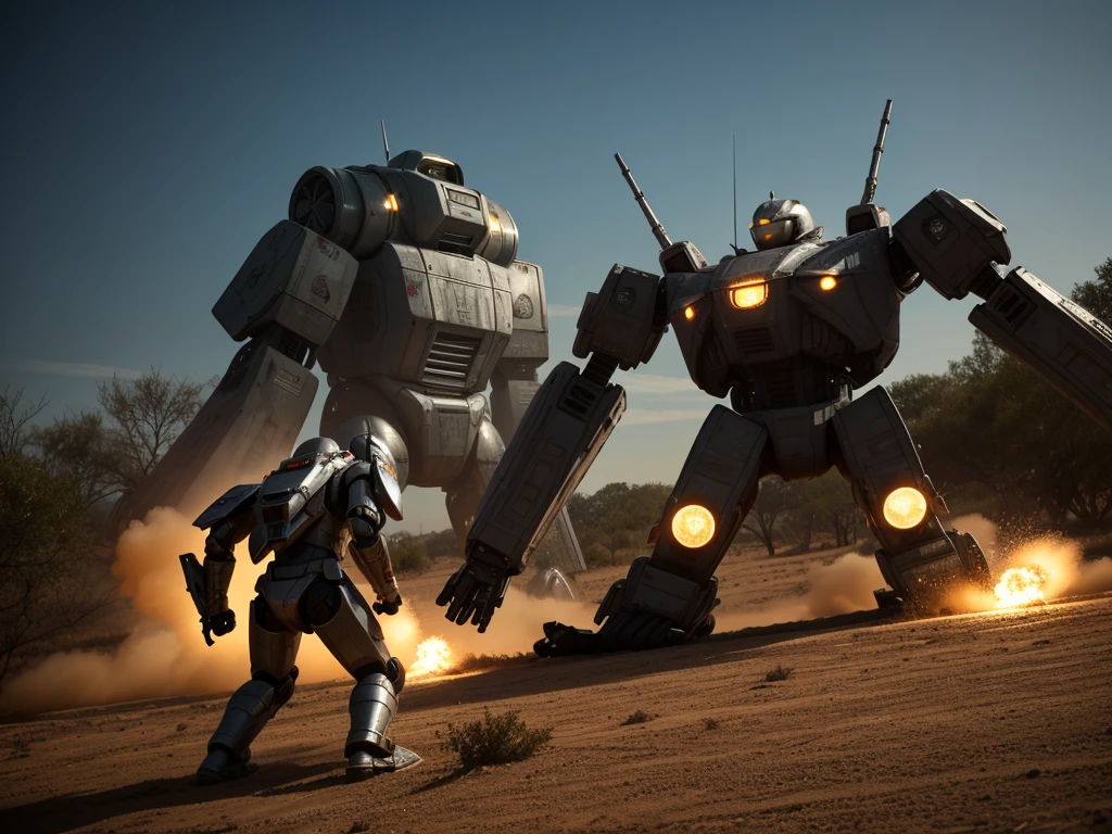A futuristic battle scene: A squadron of sleek, high-tech infantry, clad in advanced armor and wielding cutting-edge weaponry, converges on a massive robot, its metallic body cracked and smoldering from previous attacks. The ground shakes as the soldiers deploy their unique abilities to disable the beast's defenses, while spotlights cast an eerie glow on the dusty terrain.
