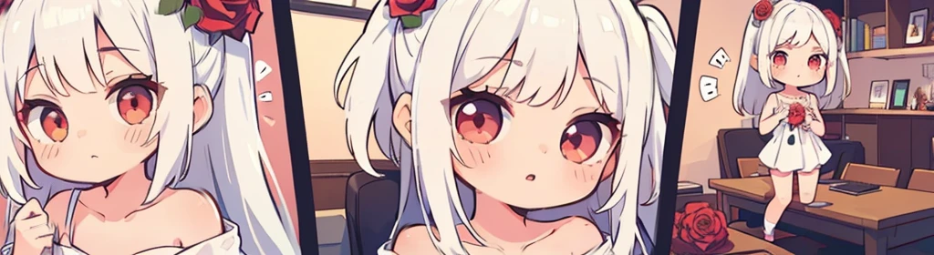 ((((1girl:1.5)))), white hair, red eyes, long hair, (collarbone:1.4), (2d, chibi, cute, cute, small , big eyes), ((((rose)))), skin color white, background/(in the room ,modern girl's room, bed, Soft mood lighting)