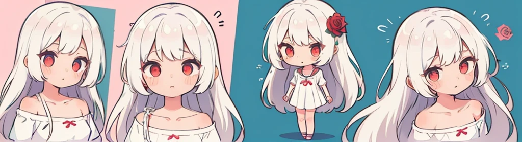 ((((1girl:1.5)))), white hair, red eyes, long hair, (collarbone:1.4), (2d, chibi, cute, cute, small , big eyes), ((((rose)))), skin color white, background/(in the room ,modern girl&#39;s room, bed, Soft mood lighting)