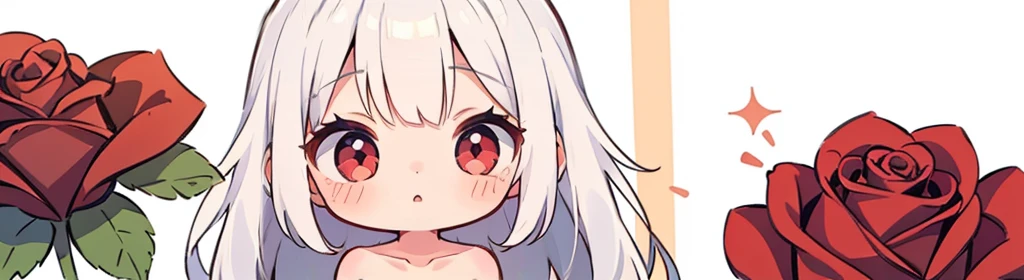 ((((1girl:1.5)))), white hair, red eyes, long hair, (collarbone:1.4), (2d, chibi, cute, cute, small , big eyes), ((((rose)))), skin color white, background/(in the room ,modern girl's room, bed, Soft mood lighting)