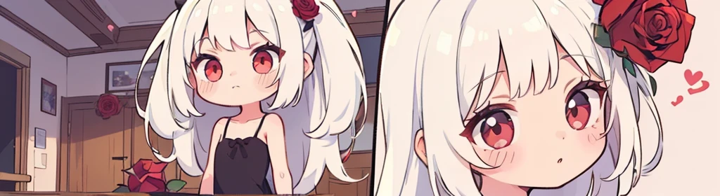 ((((1girl:1.5)))), white hair, red eyes, long hair, (collarbone:1.4), (2d, chibi, cute, cute, small , big eyes), ((((rose)))), skin color white, background/(in the room ,modern girl&#39;s room, bed, Soft mood lighting)