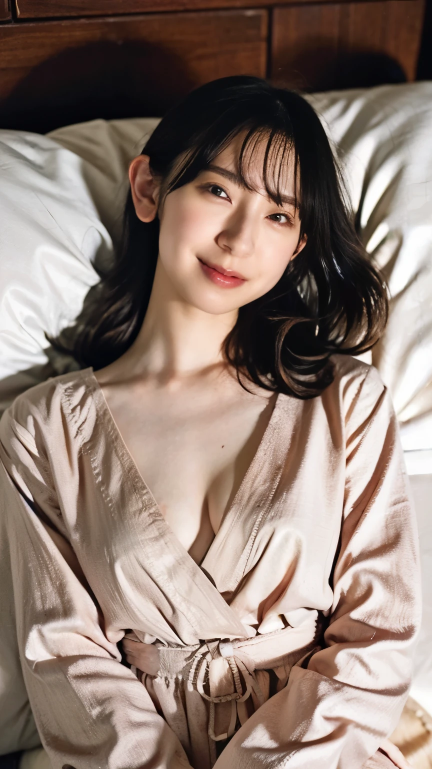 (8K、RAW Photos、Highest quality、masterpiece:1.2)、(Realistic、Realistic)、1 Girl、((Completely naked、After sexual intercourse、Waking up、Bedroom、morning、 the bed、Lie down in bed、Bathrobes、Flat Chest、Nipples、smile、Looking at the camera and smiling))、cute