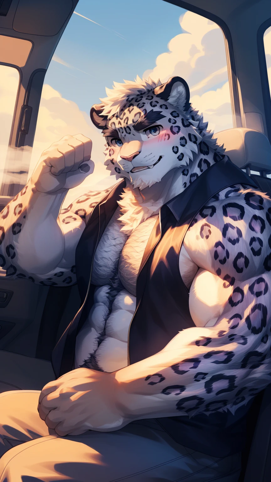 (Vision:1.5), solitary, anthropology, hairy, hairy male, snow leopard, ((Fluffy fur, Fluffy, hairy body)), (snow leopard print), (Thick eyebrows), youth, muscular, White and big skin, Blue-gray pupils, Detailed teeth, defaced face, fundos, driver, Gray purple vest, cab里, Driving, sideways, Shy expression, A faint smile, blush, (Dynamic poses:1.5), Clear facial features, Strong, majestic, alone, panoramic, Fog atmosphere, early morning, Tyndall light effect, cab, Sunlight through the car window, (By Empty Ghost, From snow leopard20, masterpiece, high quality, high resolution,8K)