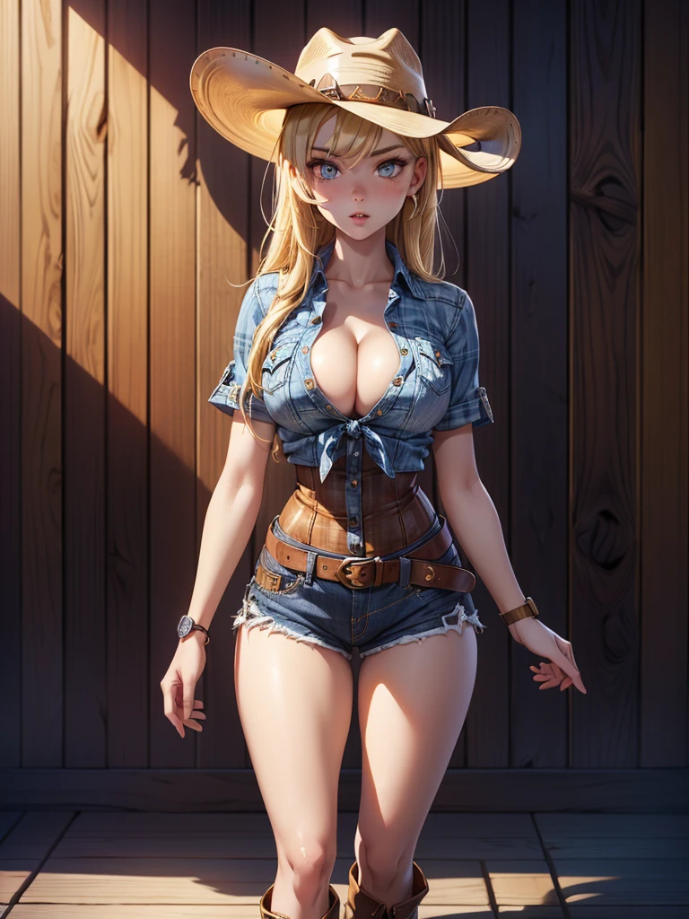 (((Cowgirl Costume))),(((Wear low-waisted denim shorts and short western boots))),(((Wear a western hat))),(((wear a leather belt))),(((He is wearing short sleeves, Plaid, front tie shirt))),(((Wearing a watch))),(((Showing cleavage))),(((Bare inner thighs))),(((Bare arms))),(((Her hair is blonde))),Beautiful detailed girl, Very detailed目と顔, Detailed and beautiful eyes, Very detailedな, High resolution, Highest quality, masterpiece, Very detailed, 8k wallpaper, wonderful, finely, Highest quality,One girl,(((Standing in front of a wooden wall))),Beautiful eyes, a clear-skinned face,Open your mouth