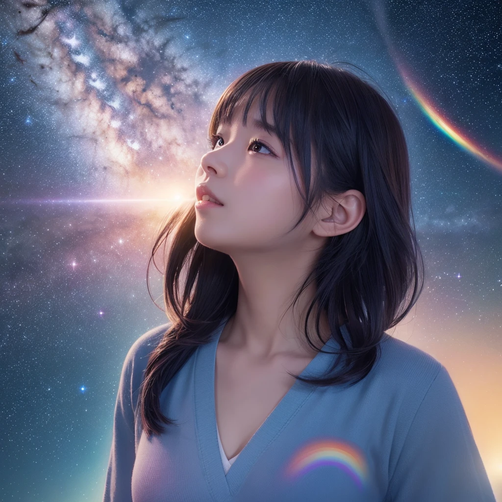 theme「milky way、Wish on the shooting star、Profile of a girl」、Style「realism」「Realistic」、composition「Looking up at the sky」、background「Blue-based rainbow-colored universe」、「」、High quality、Anime illustration、breast enhancement