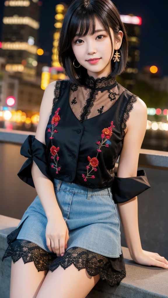 (8K, Photorealistic, Raw photo, Highest quality: 1.4),Japanese idol-style beautiful girl,1 person,18-year-old,(Short Bob),(Black Hair :1.1),She has her hair tucked behind her ears,Clear grey eyes,Long eyelashes,(piercings(small)),(Lip gloss),lips(Plump,glossy),thin long neck,(camisole),(flare skirt),pumps,(Sleeveless jacket((Lace embroidery),(Mesh))Layering),Night in the city,Date with boyfriend,Smiling at the camera,Full body portrait