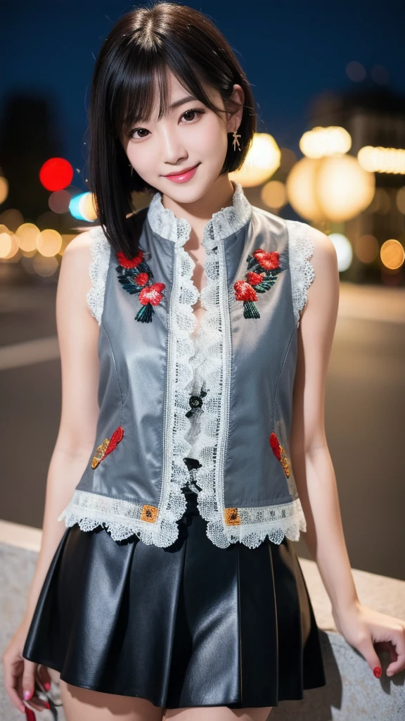 (8K, Photorealistic, Raw photo, Highest quality: 1.4),Japanese idol-style beautiful girl,1 person,18-year-old,(Short Bob),(Black Hair :1.1),She has her hair tucked behind her ears,Clear grey eyes,Long eyelashes,(piercings(small)),(Lip gloss),lips(Plump,glossy),thin long neck,(camisole),(flare skirt),pumps,(Sleeveless jacket((Lace embroidery),(Mesh))Layering),Night in the city,Date with boyfriend,Smiling at the camera,Full body portrait