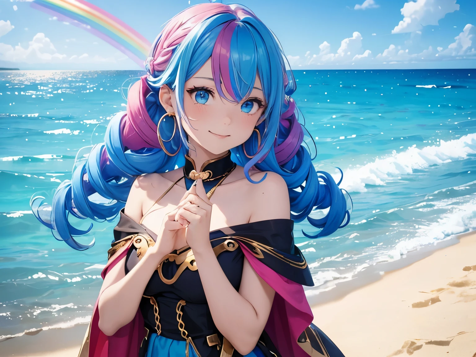 1 girl, (Rainbow Hair, Colorful hair, half blue and half pink hair: 1.2), 17 years old, blue_Sky, Holding a magic wand, summer (Oceansexist), petal_exist_liquid, Black cape with hood, Red and black tattered dress, skirt: 1.2, (gold lexistg curly hair: 1.5), Sky, outdoor, cloud, 刘Ocean, Smile, Sky blue eyes, Bare shoulders, Perfect hands, Card Details, Repair finger. earrings, Ocean + background, Watching_exist_Viewer, Cowboy shooting, Top quality, Rich details, Perfect image quality, sunrise