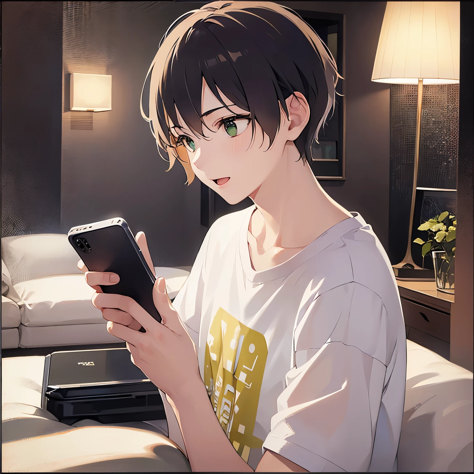 upper body、shiny skin、(holding a phone:1.2), (looking away:1.5), side angle, masterpiece、Highest quality、(25-year-old male:1.5) and (Brown short hair) and (Green Eyes), White T-shirt、Are standing、smile、open mouth, The background is the living room at night、(Alone:1.5)