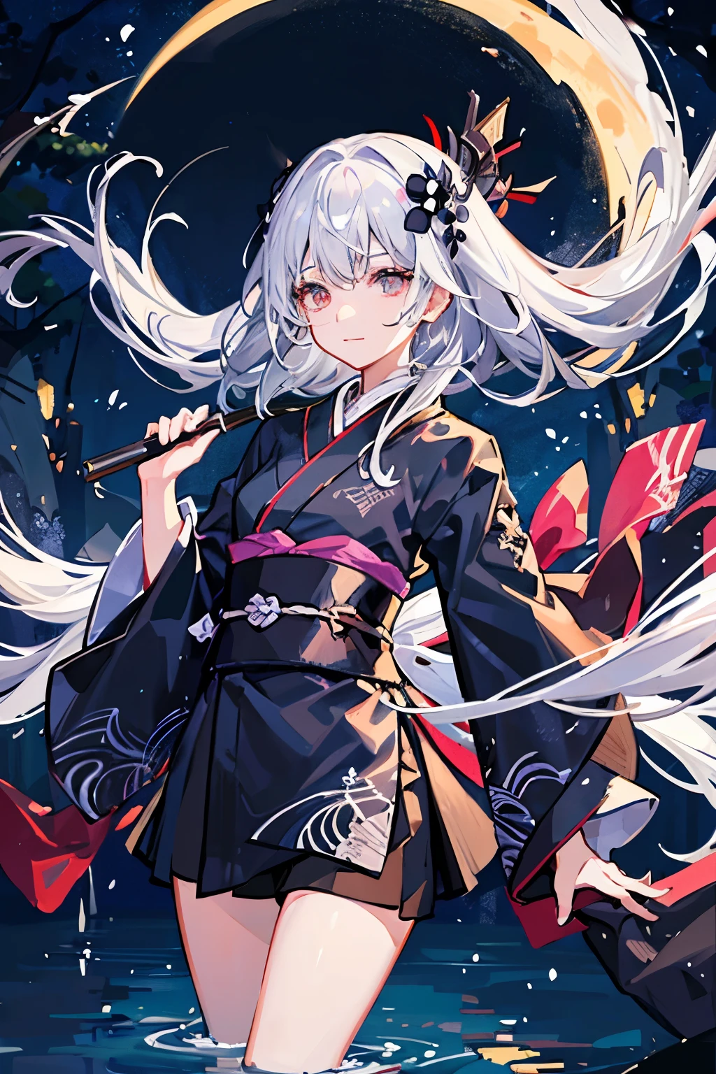 Silver hair dancing in the wind、A woman wearing a black kimono、A beautiful round moonlit night、A beautiful lake in the forest in the background、Water droplets are dancing、She has a silver hair ornament