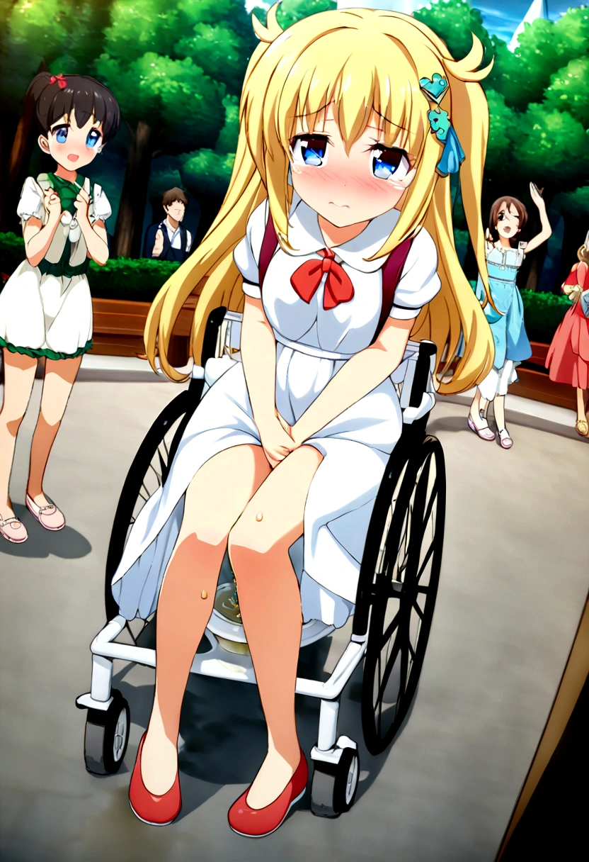 Anime. 1 girl. . . Baby. Princess. Blonde. Long hair. Blue eyes. Beautiful eyes. Perfect eyes. Expressive eyes. Eyes covered with a faded film. Blind eyes. Blind. Ideal face. Ideal anatomical body. Beautiful long legs. Beautiful body. Beautiful nose. 12 years old. Embarrassment. Blush. Beautiful character design. Shiny skin. Light white dress. Shoes. Hair decorations. Disabled person. Paralytic. Sitting. Wheelchair. Hands on crotch. Urinary incontinence. Wants to pee. She needs to pee. She has a strong, desperate urge to pee. He squeezes his crotch tightly. Rubs copper. Slight lean forward. She peed herself. Fantasy city. A park. Date. At the entrance to a public toilet. He takes off his wet panties. Tears in my eyes. Cry. Snot flows from the nose. Full body. nsfw. Official art. Extremely detailed CG Unity 8k wallpaper. Ideal lighting. Ultra high resolution 4K. Super detailed 8K. A high resolution.