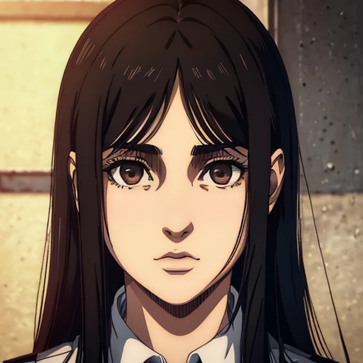 best quality, highres, masterpiece:1.2), ultra-detailed, (realistic, photorealistic, photo-realistic:1.37), female character, very young 18 girl,  Mappa art style, neat styled jet black long straight hair with long swept bangs, very big  brown round eyes, she is wearing shirt 