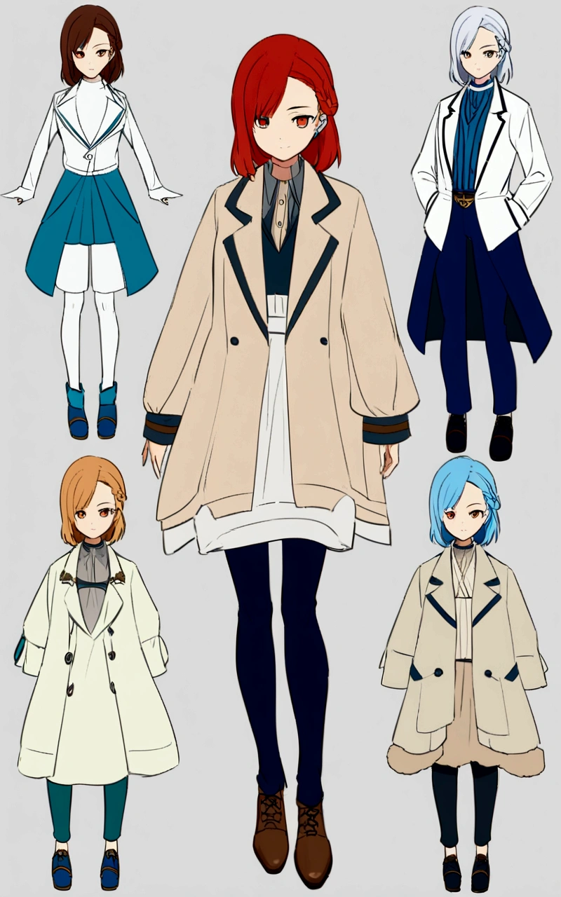 Costume planning theme autumn and winter return to dust,Style: Urban simplicity, Magic World, Reference Mushoku Tensei. colors: Red, Blue-Navy details: The top is smart,Casual Clothes,White shirt material: linen, Cotton, Silk, fleece, Full body front design