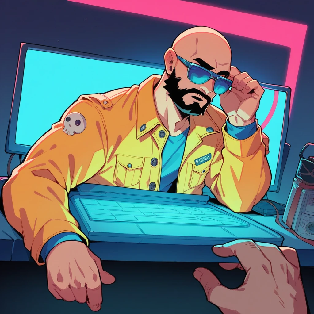 A bald guy with a short, stylish beard, athletic body, wearing yellow jacket with blue neon, sunglasses, in his bedroom, using a computer to hack, sci fi environment, night-time, POV view