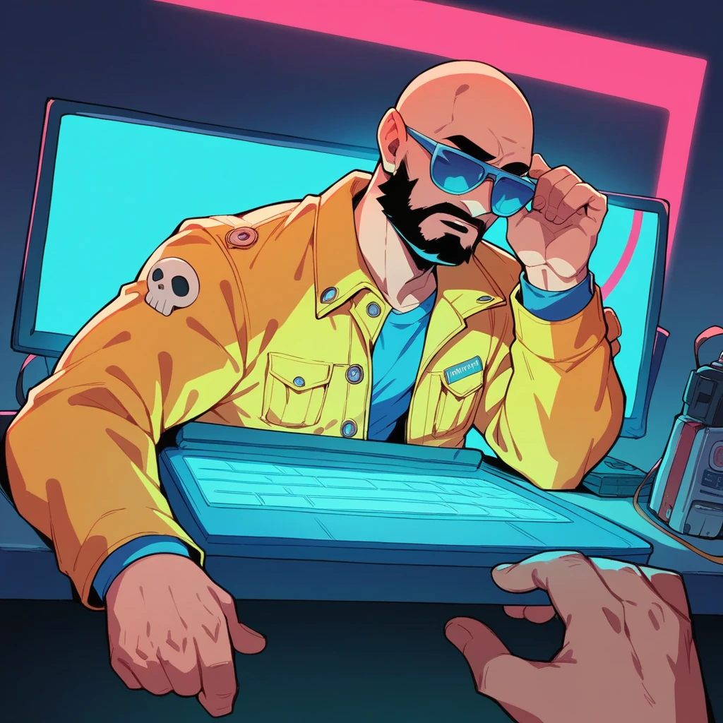 A bald guy with a short, stylish beard, athletic body, wearing yellow jacket with blue neon, sunglasses, in his bedroom, using a computer to hack, sci fi environment, night-time, POV view