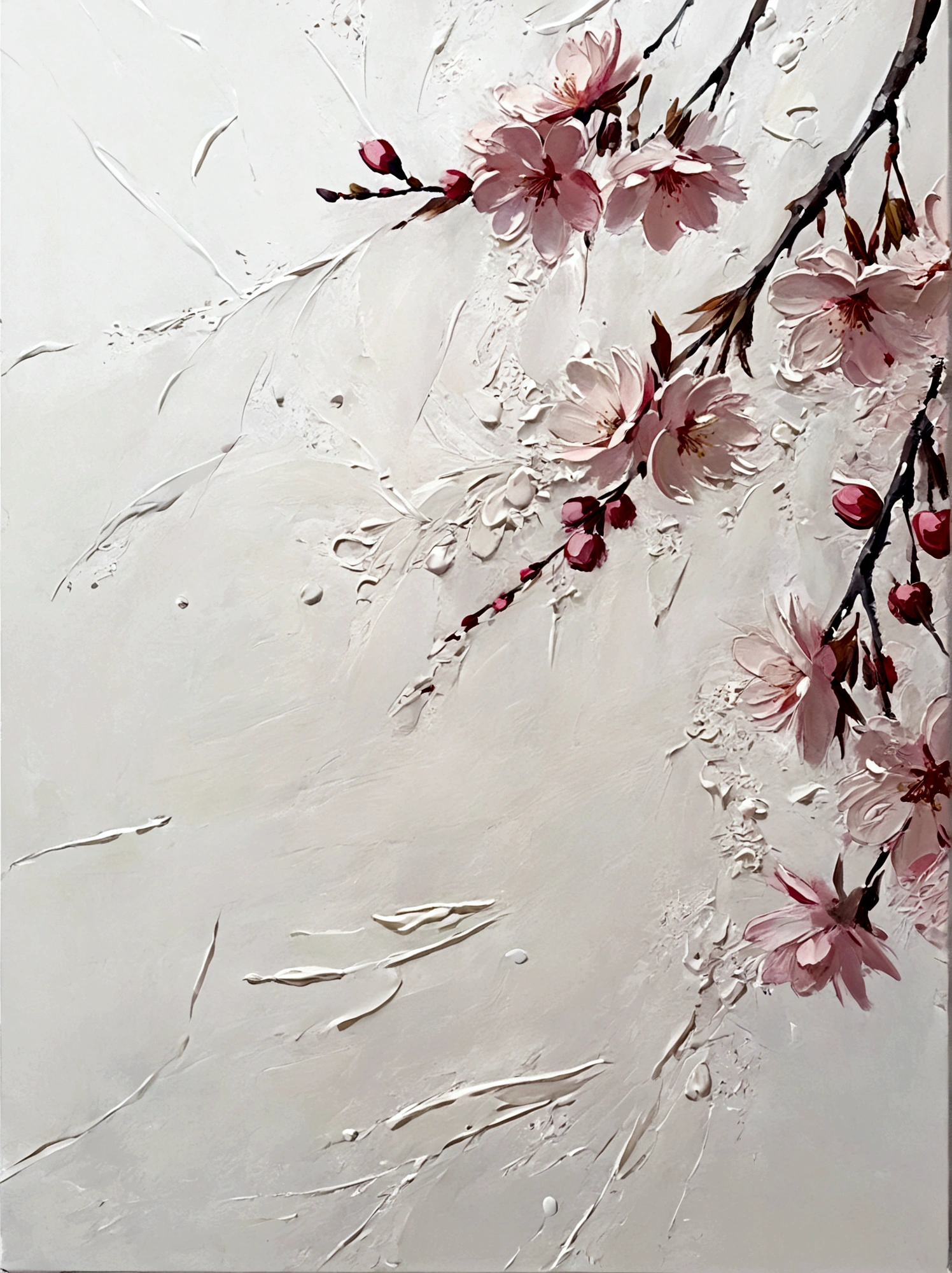 Cherry blossoms，color，Perfect proportion，vanilla，bright，White background，real，emotion，Thick textured paint, 