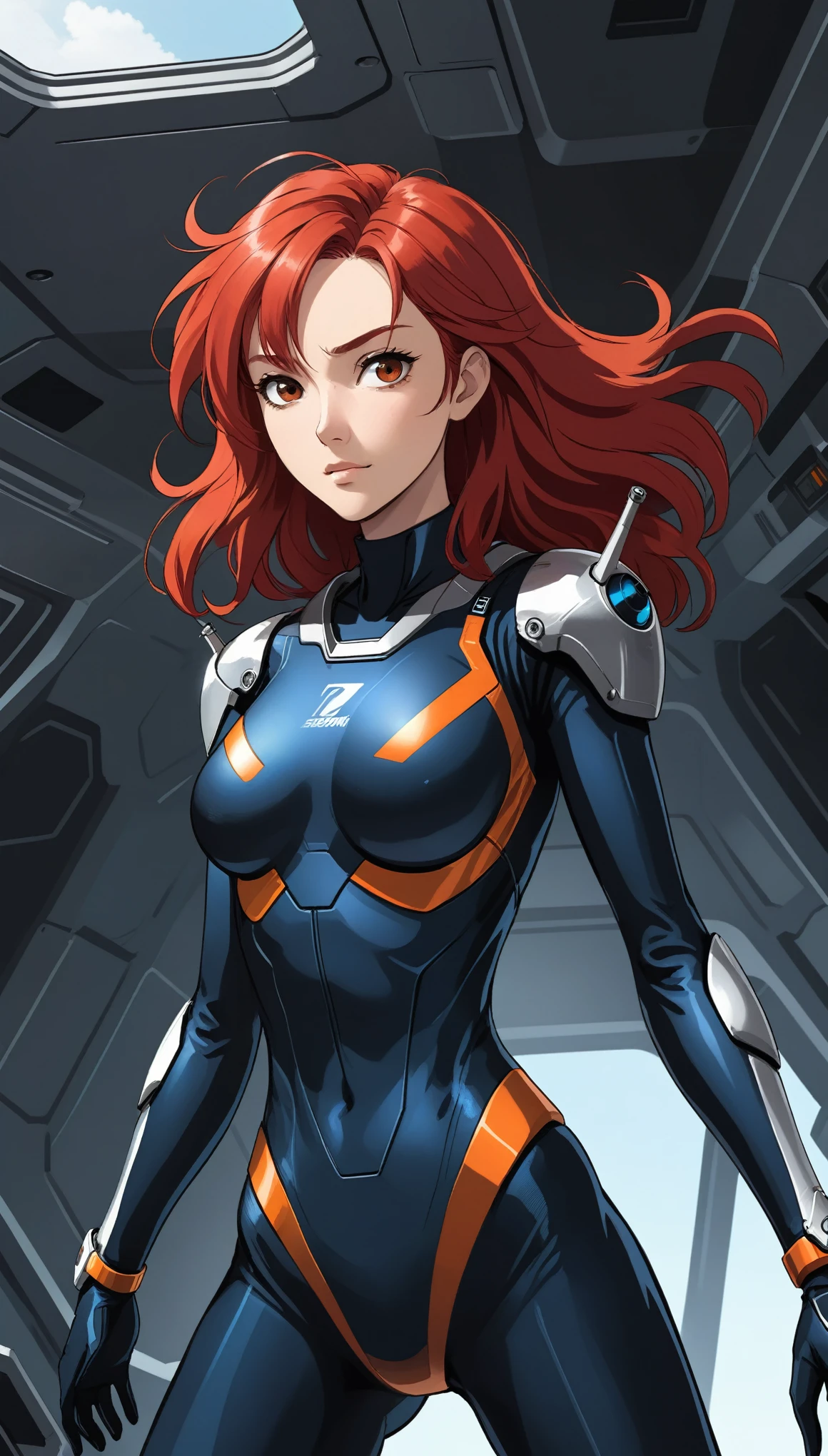 1 Girl、Medium Bust、solo、Red Hair、Long Hair、Mobile Race Suit、Shoulder Armor、ceiling、Wide Shot、Looking Ahead、profound、Fighting Pose、Closed Mouth、Highest quality、medium quality、22 years old、Asian、Mobile Trace System、cockpit、