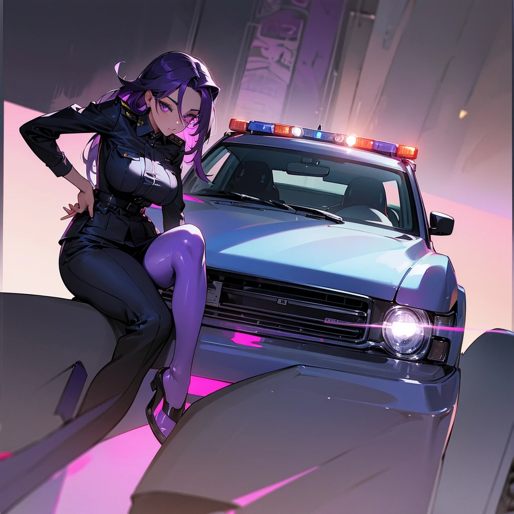 Sexy police officer, big attributes, lingerie, police officer leaning on a car, wide eyes, purple hair with black gradient strands