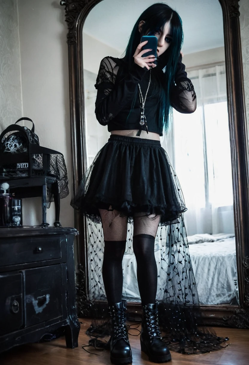 emo girl, with black skirt, mesh netting, gothic boots, taking a photo with his phone, in the mirror of your room 