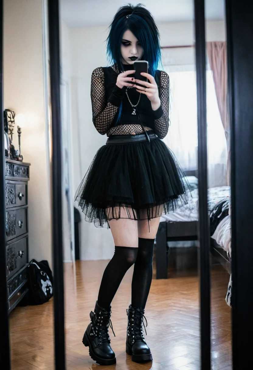 emo girl, with black skirt, mesh netting, gothic boots, taking a photo with his phone, in the mirror of your room 