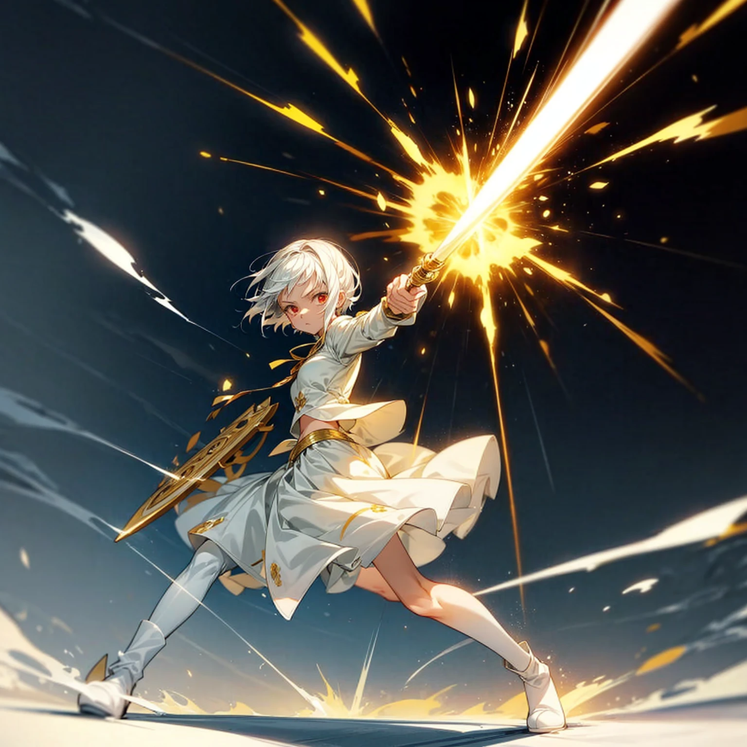 1girl, Full body version, 1character, light red eyes color, white skin, short hairstyle, white colour hair, templar knight silver style clothing, Long skirt, long socks, long boots, (gold knife in hand), gold Shield in hand, full background, Grassroots background in village, motion blur, shadow, battle gesture, smoke effect, lighting effect, lighting knife, aura, plasma effect, (one piece style art)