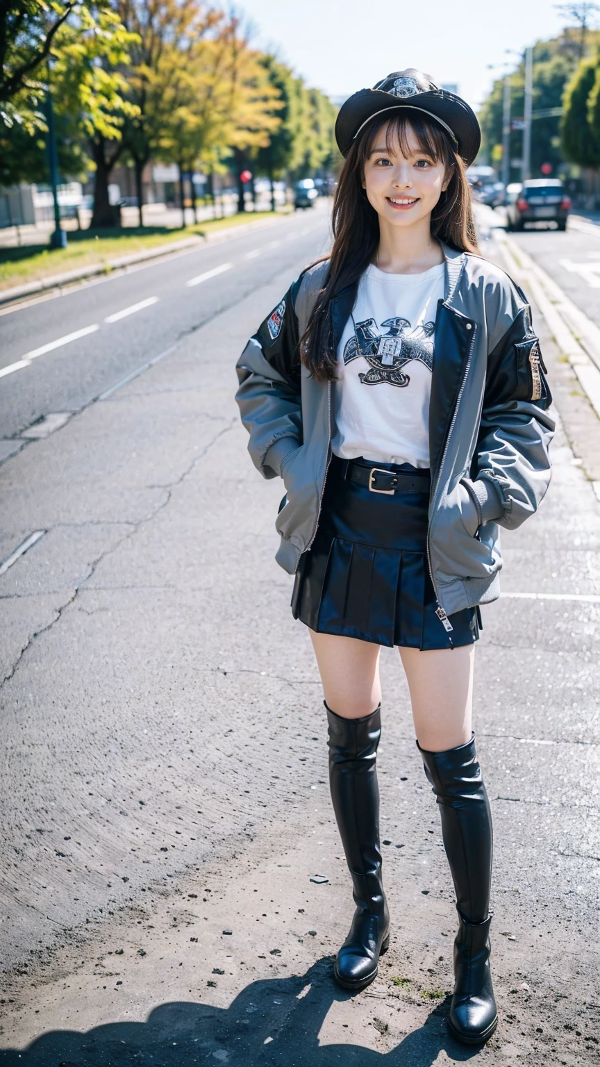 (8K、RAW Photos、Highest quality、masterpiece:1.2)、(Realistic、Realistic)、1 Girl、((Check mini skirt、Jacket、smile、black、Thin legs、whole body、boots、one piece、tights、 town、View from the front、Looking into the camera、belt、Stand with hands on hips))、cute