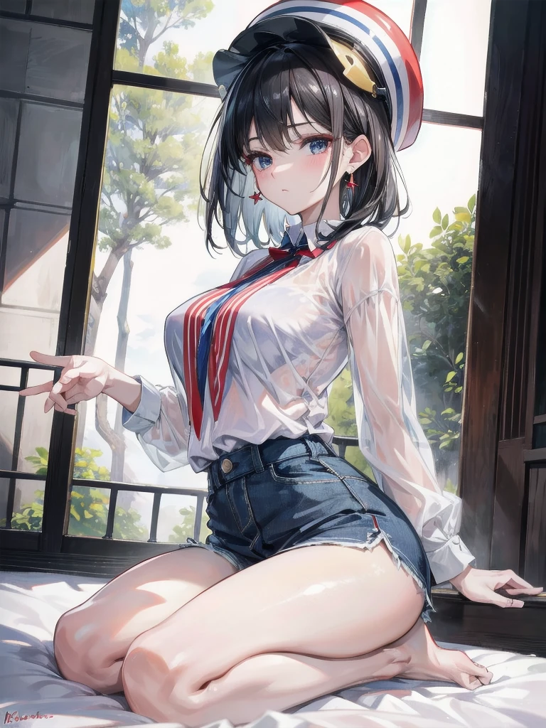 absurdres, RAW photo, extremely delicate and beautiful, masterpiece, Best Quality, ultra high resolution, 32k, hyperrealistic, ultra-detailed, delicate facial features, beautiful detailed woman, tearful mole, earring, medium breasts, (full body shot), medium hair, black hair, teacher, wearing a red and blue striped shirt, bootyshorts, Thicc, propeller hat, 