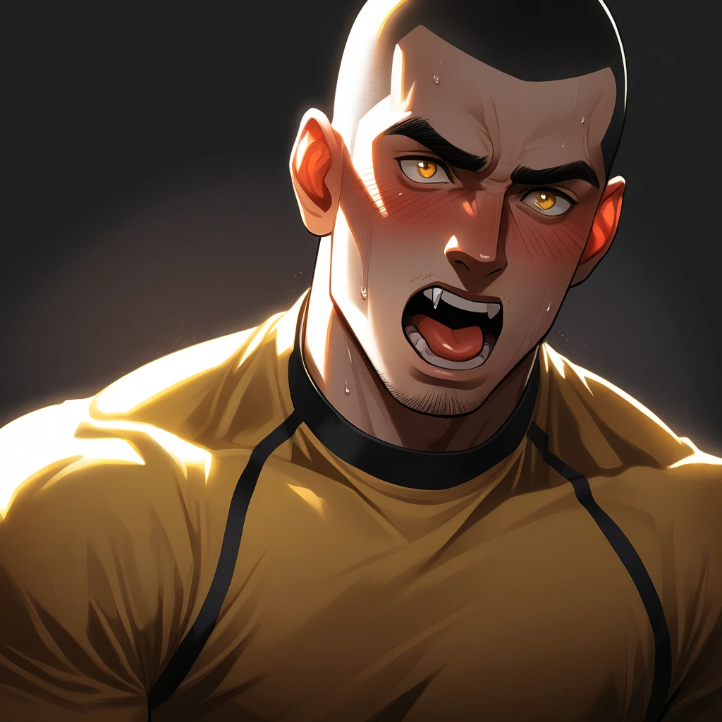 1muscular sportsman, Athlete, male focus, Buzz Cut, Yellow and black tight T-shirt, One, Very tight, muscular male, muscular, only, Upper body, alone, short hair, stubble, sweat, black hair, Yellow eyes, open lips, White background, simple background, amazing quality, best aesthetics, Ridiculous, crew cut, moaning, blush, saliva trail, chiaroscuro, cinematic lighting, best quality, textured skin