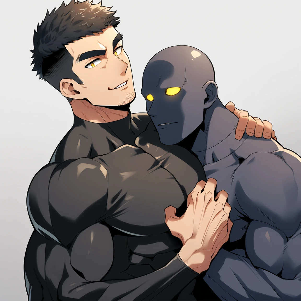 anime characters:Two superheroes in tights, Muscle Sports Student and Muscle No Face skinhead superhero, No Face,????? black skin, They hugged and kissed each other, Bite your neck, Caress, Manliness, male focus, Yellow and black high collar long sleeve tight T-shirt, Slightly transparent material, Very tight, Round, full and perky chest muscles, Muscle waist, Slightly transparent, muscular male, muscular, only, Upper body, alone, Black short hair, Thick eyebrows, stubble, Yellow eyes, Grey background, simple background, amazing quality, best aesthetics, Ridiculous, bright pupils, crew cut, parted lips, seductive smile, torogao, naughty face, drop shadow, best quality
