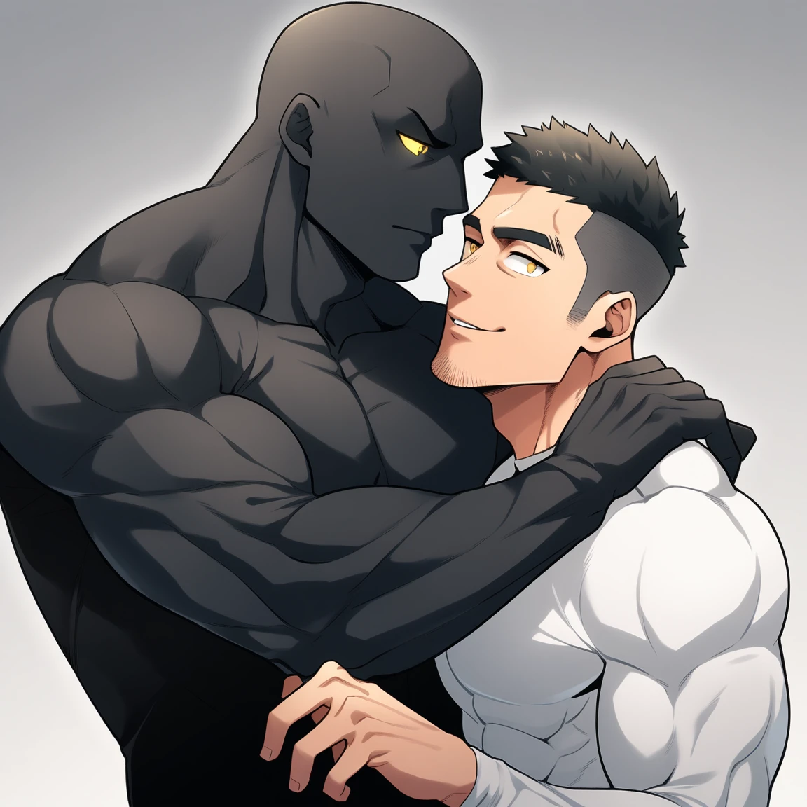 anime characters：Two superheroes in tights, Muscle Sports Student and Muscle No Face skinhead superhero, No Face，negro black skin, They hugged and kissed each other, Bite your neck, Caress, Manliness, male focus, Yellow and black high collar long sleeve tight T-shirt, Slightly transparent material, Very tight, Round, full and perky chest muscles, Muscle waist, Slightly transparent, muscular male, muscular, only, Upper body, alone, Black short hair, Thick eyebrows, stubble, Yellow eyes, Grey background, simple background, amazing quality, best aesthetics, Ridiculous, bright pupils, crew cut, parted lips, seductive smile, torogao, naughty face, drop shadow, best quality