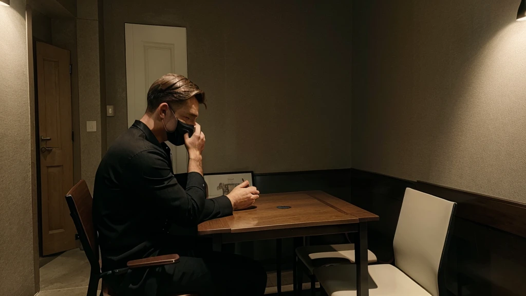 A secret man is sitting with chair and table to tell stories and he don't wanna show his face 