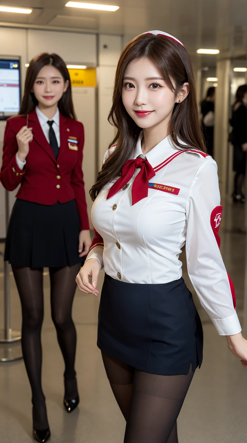 highest quality、8k、best image quality、Award-winning work), two beautiful women、(2 women:1.6), radiant beautiful skin , masterpiece、top-quality、The ultra -The high-definition、depth of fields、lens flare , 2 girls、、brown hair, watching at viewers glares, large breasts , crimson stewardess uniform, ( crimson stewardess blazer:1.3), shirt, short crimson skirt, (black high heels), perfect legs, model pose, view from below, smiling , flight cabin, pantyhose
