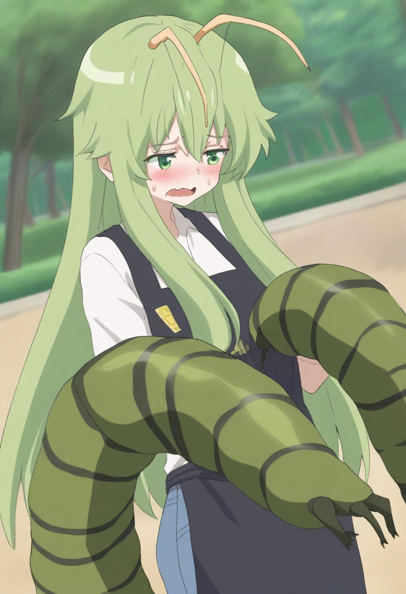 {{portrait, dutch angle}} {{Artist: Sincos}} 1female, mature female, 4 arms, segmented arms, insect arms, tall, insect girl, bug wings, green eyes, carapace, chitin, antennae, green carapace, green hair, long hair, cute, flustered, day, park, black apron, blue jeans, white shirt,