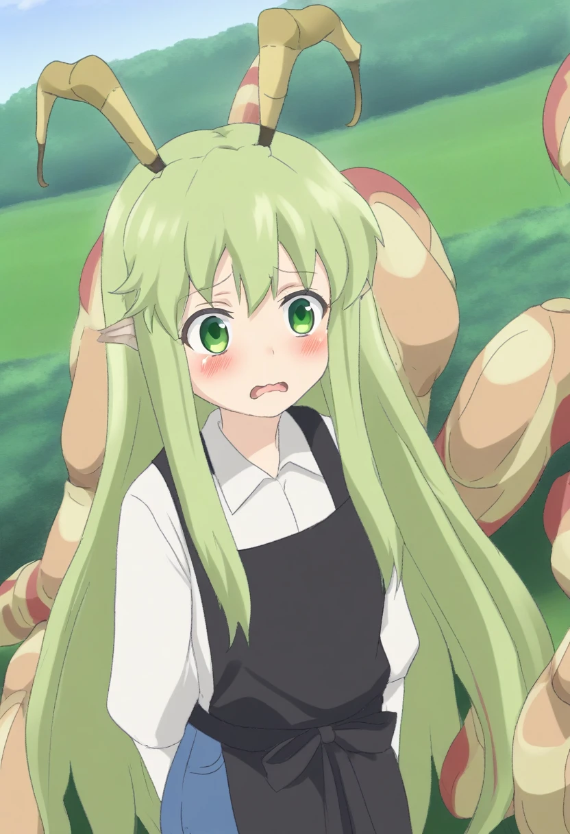 {{portrait, dutch angle}} {{Artist: Sincos}} 1female, mature female, 4 arms, segmented arms, insect arms, tall, insect girl, bug wings, green eyes, carapace, chitin, antennae, green carapace, green hair, long hair, cute, flustered, day, park, black apron, blue jeans, white shirt, 